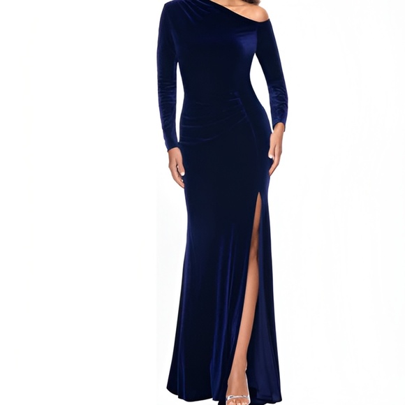 Betsy & Adam - One Shoulder Long Sleeve Velvet Gown - Picture 1 of 12